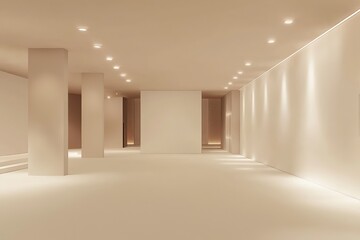 Minimalistic virtual gallery in 3D with white walls and soft lighting, ideal for showcasing modern products in a clean environment.