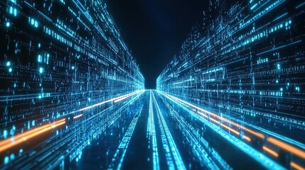 Digital data stream with glowing lines on a blue background, representing a cyber speedway or train moving fast through a dark tunnel of binary code, symbolizing information technology.