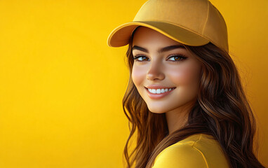 A vibrant portrait of a confident young woman in yellow, ideal for sports promotions, event invitations, or cheerful themes related to baseball fandom.