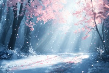Beautiful pink cherry blossom forest with petal falling in the air, a bokeh effect, pastel colors, a dreamy and romantic atmosphere, soft light, digital art