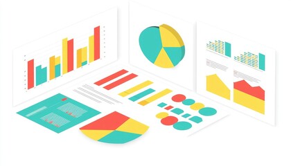 Obraz premium The image features colorful charts and graphs illustrating data analysis, showcasing various visual representations like bars, pies, and lines.