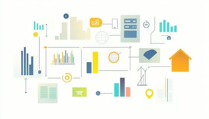 A colorful graphic depicting various data visualizations, including charts, graphs, and icons, representing analytics and statistical information.