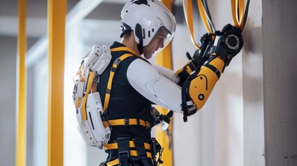 Person in futuristic exosuit working on wall