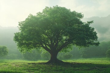 Obraz premium Majestic tree sunrise meadow misty mountains nature serenity