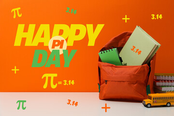 Pi day, school bag on green background, side view.