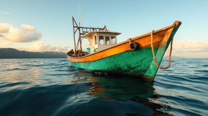 Fototapeta premium Serene Morning on the Sea: Vintage Wooden Fishing Boat in Tranquil Waters