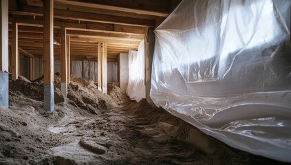 House crawl space, sand, plastic sheeting, construction, sunlight