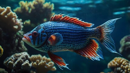 Fototapeta premium Vibrant Blue and Orange Reef Fish Underwater