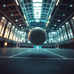 volleyball scene from a low angle perspective, advanced technology, space elements, looking up, dramatic lighting, blurred modern court background