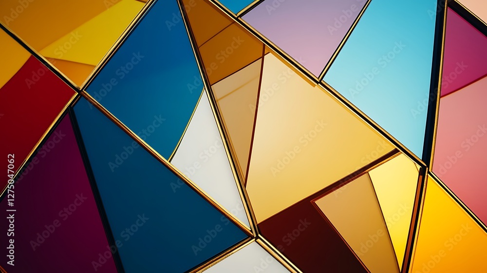 Poster a vibrant arrangement of stained glass pieces featuring geometric shapes and an array of colors. per