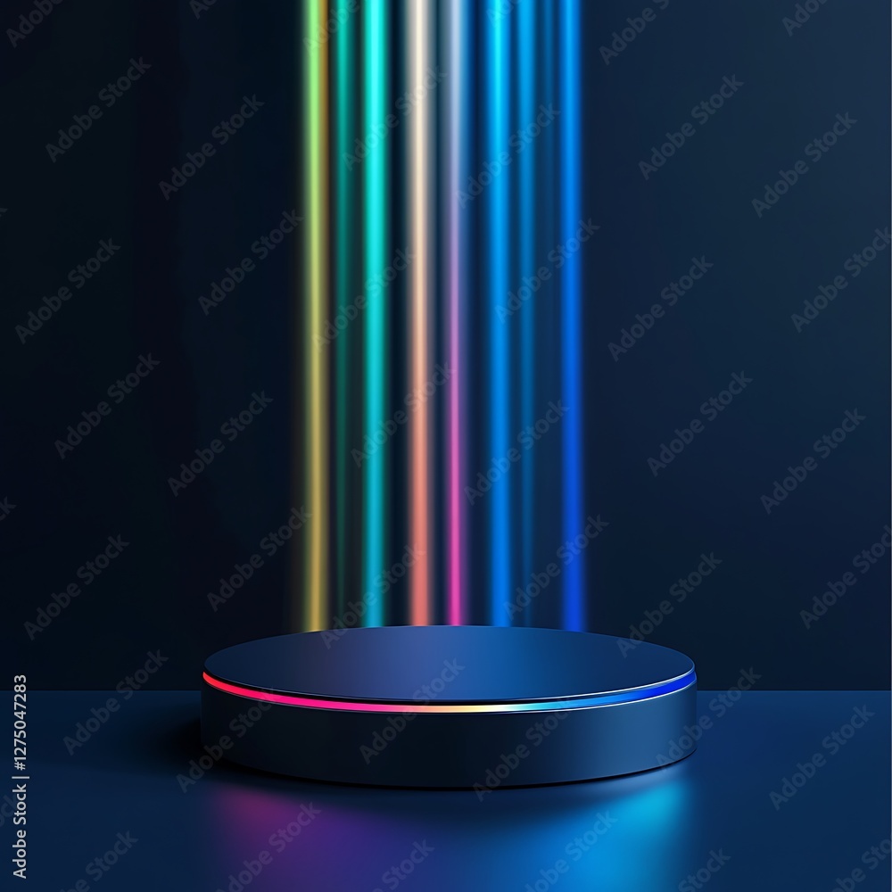 Poster a vibrant display of colorful light beams emanating from a sleek circular platform
