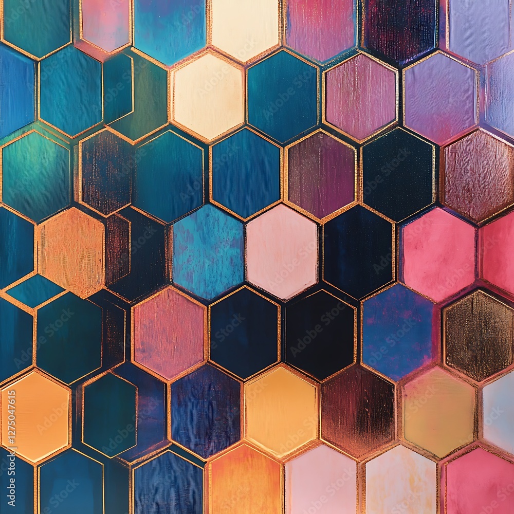 Poster a vibrant hexagonal pattern featuring colorful geometric shapes