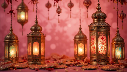 Obraz premium Traditional Arabian lanterns emitting a warm golden glow in the night