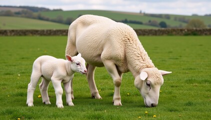 Fototapeta premium A heartwarming scene of a ewe and her twins playing happily in an idyllic verdant English countryside