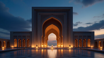 Majestic Islamic Archway with Golden Lanterns Glowing Against a Twilight Sky - Ramadan Kareem