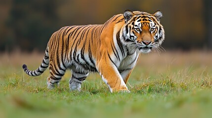 Obraz premium Majestic Tiger Walking in Grassland Wildlife Photography Endangered Species