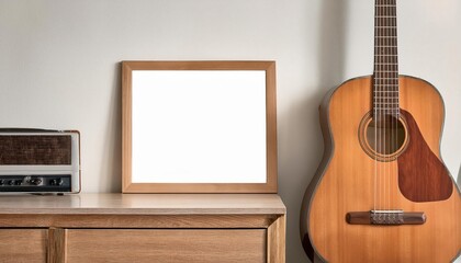 Elegant Wooden Frame Poster Mockup over Console and Acoustic Guitar, Showcasing a Warm and Cozy Interior Scene with a Rustic Aesthetic, Perfect for Home Decor or Artistic Inspiration