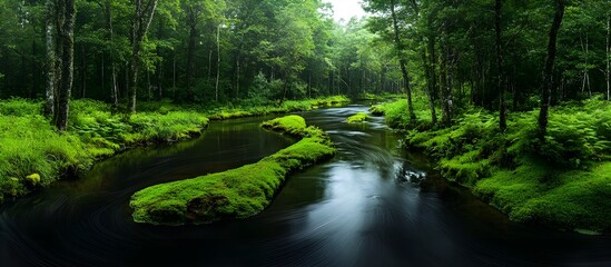Obraz premium Serene forest landscape with winding river surrounded by lush greenery under soft natural light