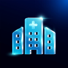 Hospital icon model 3d. Form translucent shiny glass or acrylic modern. Medical symbols on blue background. Used for design advertising media. Vector EPS10.