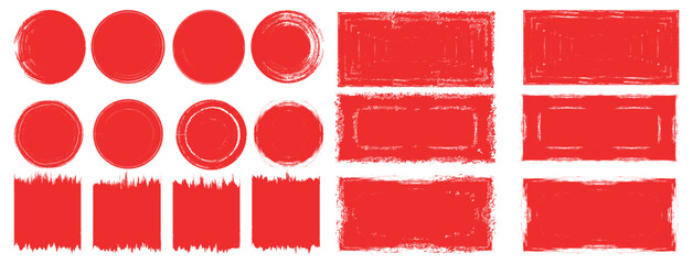 Rectangle and circle red ink vector line pack. Bloody colored long and round hand drawn brush strokes text highlight, frame, circle scribble. Vector illustration.	
