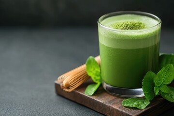 Vibrant Green Matcha Tea with Fresh Mint Leaves on Wooden Board