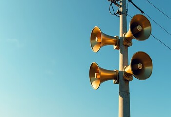 Pristine Utility Pole with Gleaming Brass Loudspeakers in Urban China: A High-Definition Image Capturing the Essence of City Infrastructure, Public Announcement Systems, and the Blend of Modern Techno