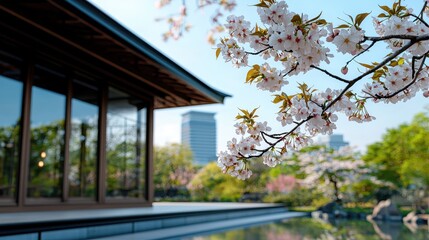 Tree with white flowers in bloom against a clear blue sky in spring season
