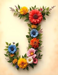 letter, J, floral, flowers, vibrant, colorful, artistic, elegant, design, organic, natural, red, yellow, pink, blue, white, blooms, green, leaves, accents, beige, background, soft, texture, warm, 