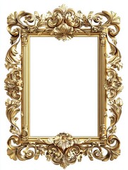 Golden vintage frame with intricate baroque ornaments on a black background, 3D rendered illustration showcasing classic luxury, ornate detailing, and elegant design.