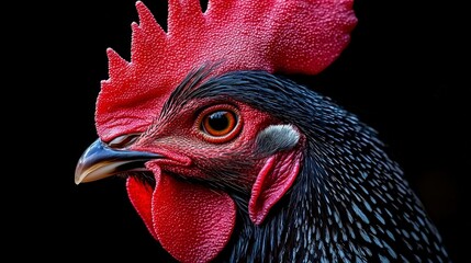 Majestic Rooster Close up  Dark Feathers  Red Comb  Poultry Farm Animal