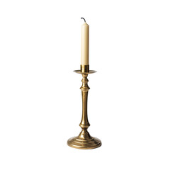 Tall golden Candle Holder With Lit White Candle isolate On transparent Background