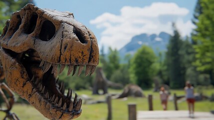 Fototapeta premium Tyrannosaurus Rex Fossil Prehistoric Dinosaur Skeleton Museum Exhibit Nature Background