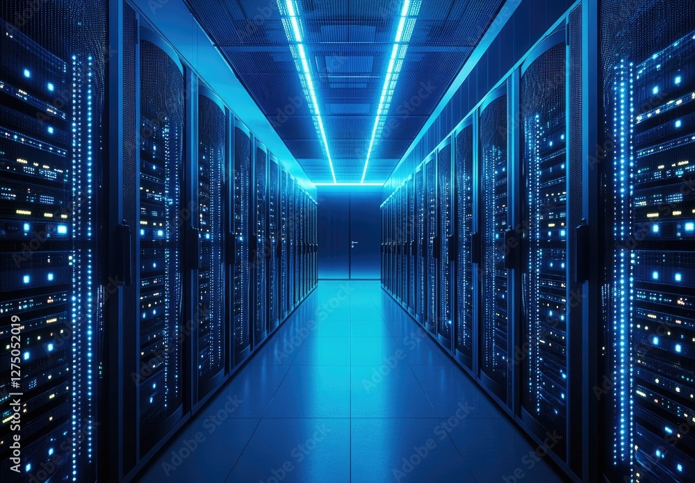 Aufkleber A futuristic data center corridor lined with illuminated server racks, symbolizing cloud computing, cybersecurity, and digital infrastructure. Ideal for IT, AI, and networking visuals