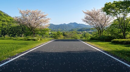 Fototapeta premium Paved asphalt road stretching through a green landscape under a clear blue sky