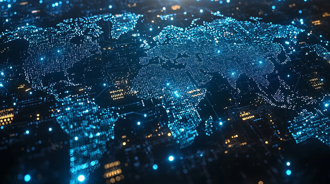 Digital world map with glowing data points and connections