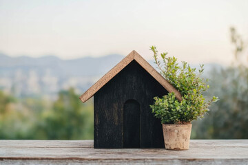 A small house with a potted plant on top of it