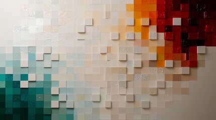 Abstract Color Cube Mosaic  Teal  Beige  Orange  Red Pixel Art