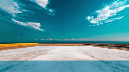 Empty Concrete Platform  Ocean View  Blue Sky  Clouds  Grunge Texture