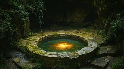 Ancient Stone Well with Glowing Water in a Forest