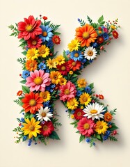 letter, K, floral, flowers, vibrant, colorful, artistic, elegant, design, organic, natural, red, yellow, pink, blue, white, blooms, green, leaves, accents, beige, background, soft, texture, warm, 