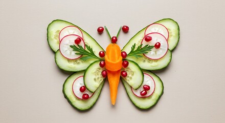 Creative butterfly made of vegetables, healthy eating concept, cucumber, carrot, radish
