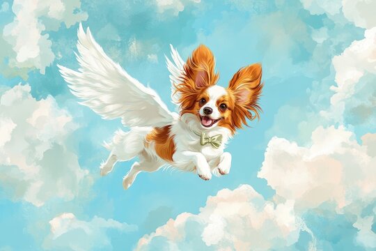 A Happy Papillon Dog Soaring Through The Sky With Wings
