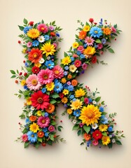 letter, K, floral, flowers, vibrant, colorful, artistic, elegant, design, organic, natural, red, yellow, pink, blue, white, blooms, green, leaves, accents, beige, background, soft, texture, warm, 