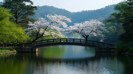 Fototapeta premium Bridge spanning over a calm body of water surrounded by lush green trees in the background