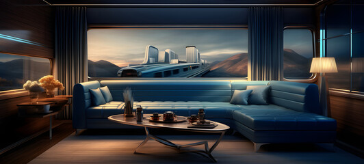 a minimalistic luxury mid century interior train living room, ai generative
