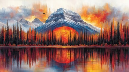 Majestic Mountain Sunset  Autumnal Lake Reflection  Eagle Soaring  Vibrant Colors