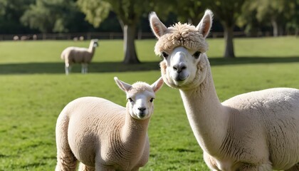 Fototapeta premium Alpaca Mother and Baby in a Green Pasture