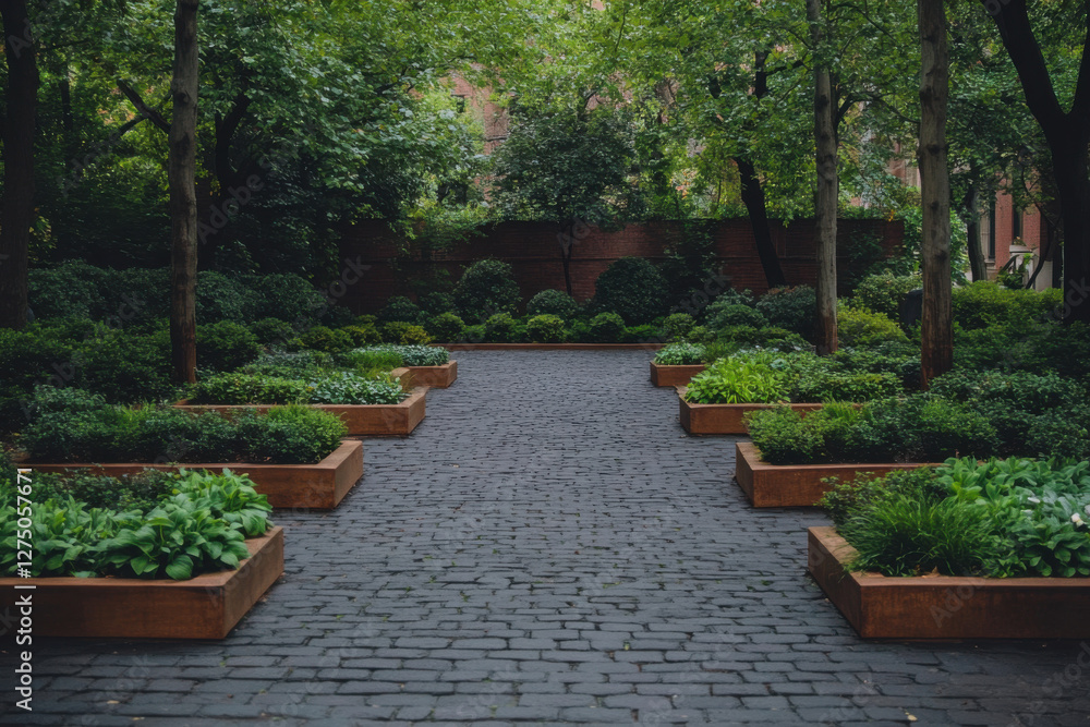 Poster a garden with a path in the middle and a row of planters on either side