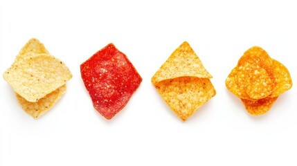 Fototapeta premium Assorted Crispy Snack Chips Displayed on a White Background with No Disturbances