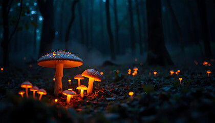 Ethereal forest with glowing mushrooms and misty fog, bioluminescent plants.